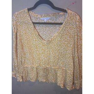 Cut of Design Floral Peplum Blouse Womens Medium Yellow Excellent V-Neck Ruffle